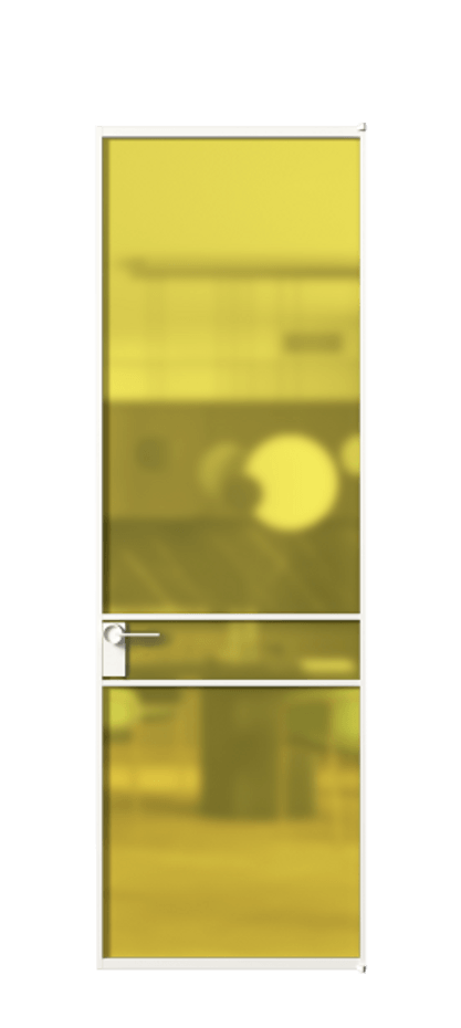 Алюминиевая дверь АЛПЛ040.02 Алюминий Белый Сатинированное жёлтое стекло, триплекс Цена 132140  | Volhovec