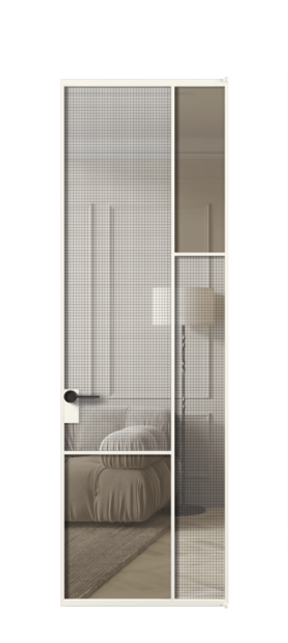 Межкомнатная дверь Mosaic АЛПЛ041.12 Алюминий пудровый белый Декоративное стекло с сеткой "Mesh silver", триплекс, 6 мм + Прозрачное бронзовое стекло, триплекс Цена 189060 ₽ | Volhovec