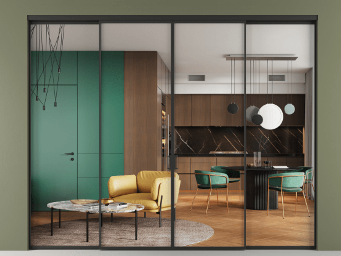 Перегородка Формато внутри проёма 4 створки АЛПР 040.01 Алюминий Черный Прозрачное стекло "Кристал Вижн", калёное. Скрытый короб ЧЕР Цена 366260 ₽ 1. Полотно 4 шт. (800/2100 мм)
2. Комплект установки раздвижной системы
3. Базовый комплект фурнитуры
4.Ручка Рондо. Фабрика дверей Волховец 8 (800) 551 43 19 Перегородка Формато внутри проёма 4 створки АЛПР 040.01 Алюминий Черный Прозрачное стекло "Кристал Вижн", калёное Цена 366260 ₽ | Volhovec