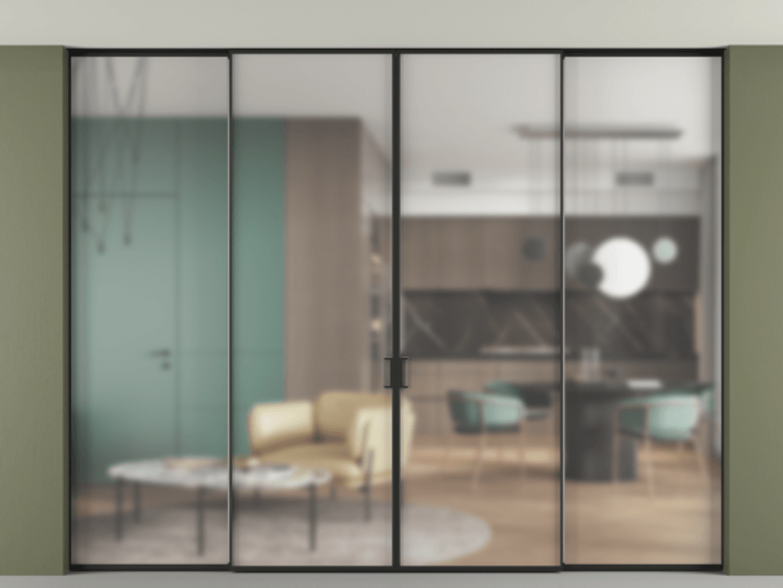 Перегородка Formato внутри проёма скрытое крепление в потолок 4 створки АЛПР 040.01 Алюминий Черный Сатинированное стекло "Matelux Crystal Vision", калёное, матовое, каленое 6 мм Цена 568060 ₽ | Volhovec