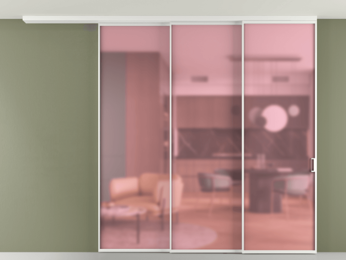 Перегородка Формато вдоль стены на потолок 3 створки с синхронным механизмом АЛПР 040.01 Алюминий белоснежный Сатинированное розовое стекло, триплекс Цена 420320 ₽ | Volhovec