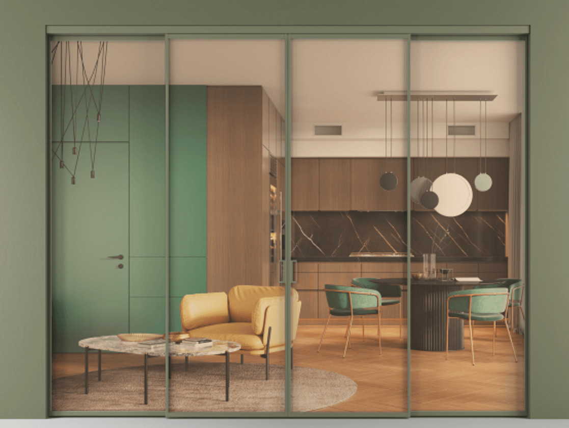 Перегородка Формато внутри проёма 4 створки АЛПР 040.01 Алюминий оливковый тёмный Прозрачное оранжевое стекло, триплекс. Цена 351820 ₽ 1. Полотно 4 шт. (800/2100 мм)
2. Комплект установки раздвижной системы
3. Базовый комплект фурнитуры
4.Ручка Рондо. Фабрика дверей Волховец 8 (800) 551 43 19 Перегородка Формато внутри проёма 4 створки АЛПР 040.01 Алюминий оливковый тёмный Прозрачное оранжевое стекло, триплекс Цена 351820 ₽ | Volhovec