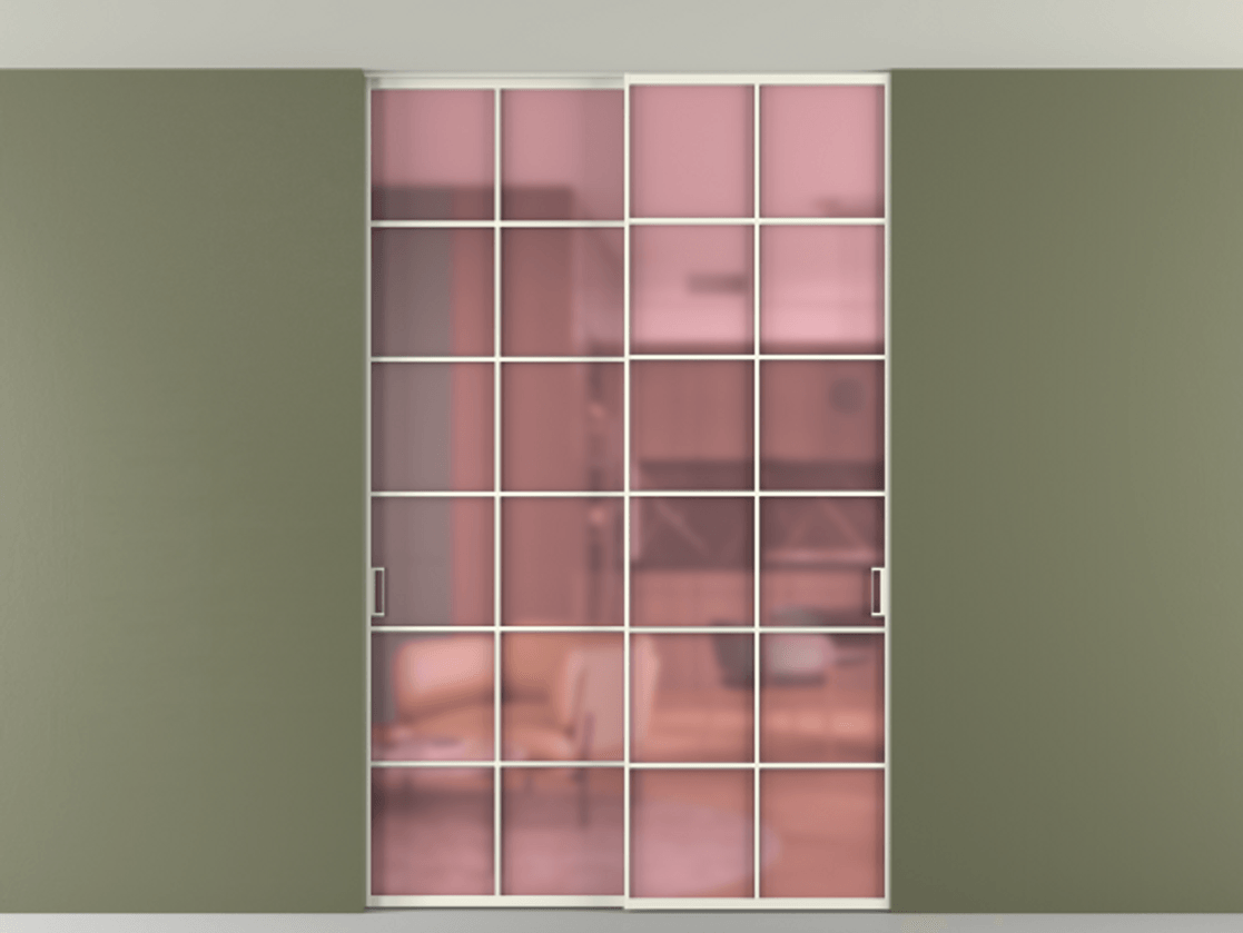 Перегородка Formato внутри проёма скрытое крепление в потолок 2 створки АЛПР 040.05 Алюминий жемчужный Сатинированное розовое стекло, триплекс Цена 297220 ₽ | Volhovec