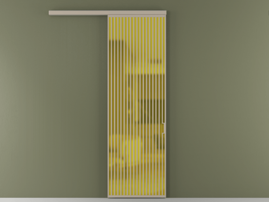 Перегородка Formato вдоль стены 1 створка АЛПР 040.06 Алюминий бисквитный Сатинированное жёлтое стекло, триплекс Цена 202930 ₽  | Volhovec