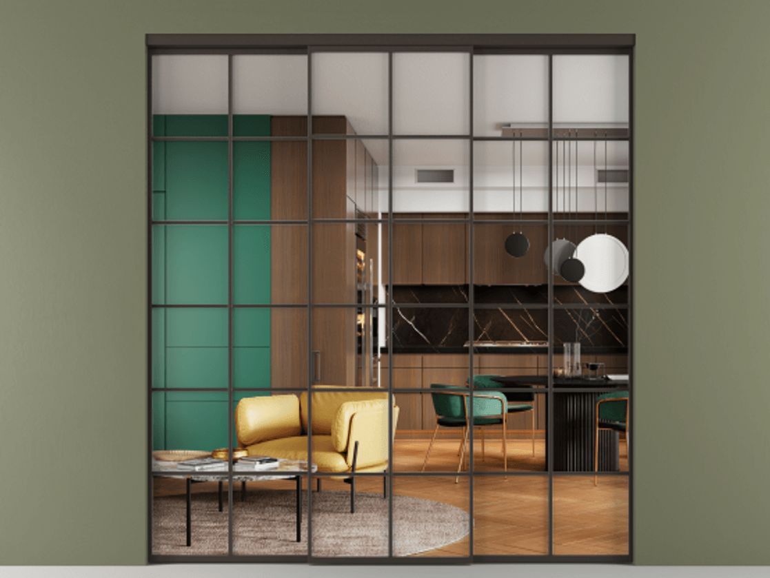 Перегородка Formato внутри проёма 3 створки АЛПР 040.05 Алюминий антрацит Прозрачное стекло "Crystal Vision", калёное Цена 375100 ₽ | Volhovec