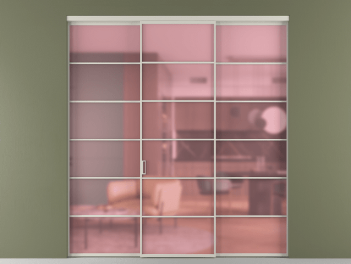 Перегородка Формато внутри проёма 3 створки АЛПР 040.04 Алюминий тёплый серый Сатинированное розовое стекло, триплекс. Цена 293990 ₽ 1. Полотно 3 шт. (800/2100 мм)
2. Комплект установки раздвижной системы
3. Базовый комплект фурнитуры
4.Ручка Рондо. Фабрика дверей Волховец 8 (800) 551 43 19 Перегородка Формато внутри проёма 3 створки АЛПР 040.04 Алюминий тёплый серый Сатинированное розовое стекло, триплекс Цена 293990 ₽ | Volhovec