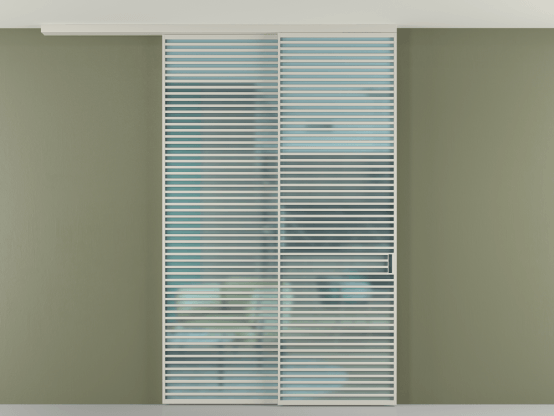 Алюминевая перегородка pv2_2_07_ Алюминий тёплый серый Сатинированное голубое стекло, триплекс, 6мм. Цвет Алюминий тёплый серый. Материал Алюминий в эмали. Коллекция Перегородка Formato вдоль стены на потолок 2 створки с синхронным механизмом. Картинка.