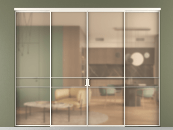 Алюминевая перегородка vn2+2_02_ Алюминий пудровый белый Сатинированное оранжевое стекло, триплекс, 6мм. Цвет Алюминий пудровый белый. Материал Алюминий в эмали. Коллекция Перегородка Formato внутри проёма 4 створки. Картинка.