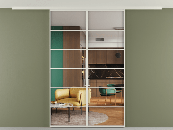 Алюминевая перегородка pv2_04 Crystal Vision прозрачное БЕЛ. Цвет Алюминий Белый. Материал Алюминий. Коллекция Перегородка Формато вдоль стены на потолок 2 створки. Картинка.