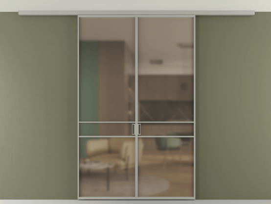 Алюминевая перегородка АЛПР 040.02_АНСР_Бронза сатин триплекс_new. Цвет Алюминий нейтральный серый. Материал Алюминий в эмали. Коллекция Перегородка Формато вдоль стены на потолок 2 створки. Картинка.